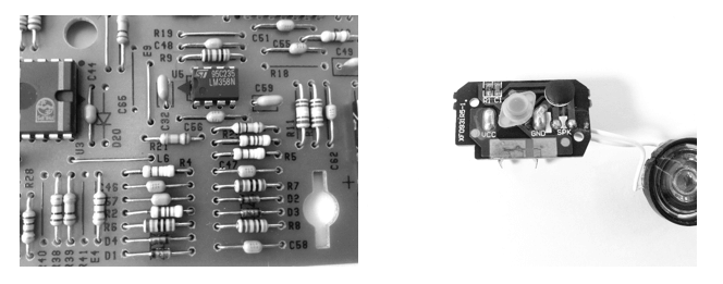Figure 7-3: The older circuit board (left) has many large, easy-to-identify components. The modern toy’s circuit board (right) is much smaller (the entire board is smaller than my thumb) and has few components, which are harder to distinguish.