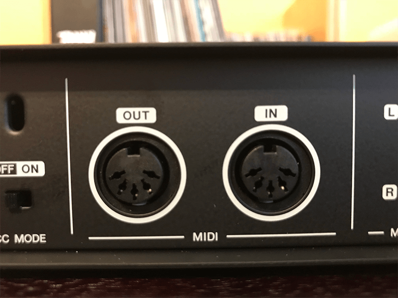 MIDI I/O on the rear panel of the Steinberg UR44 USB audio interface