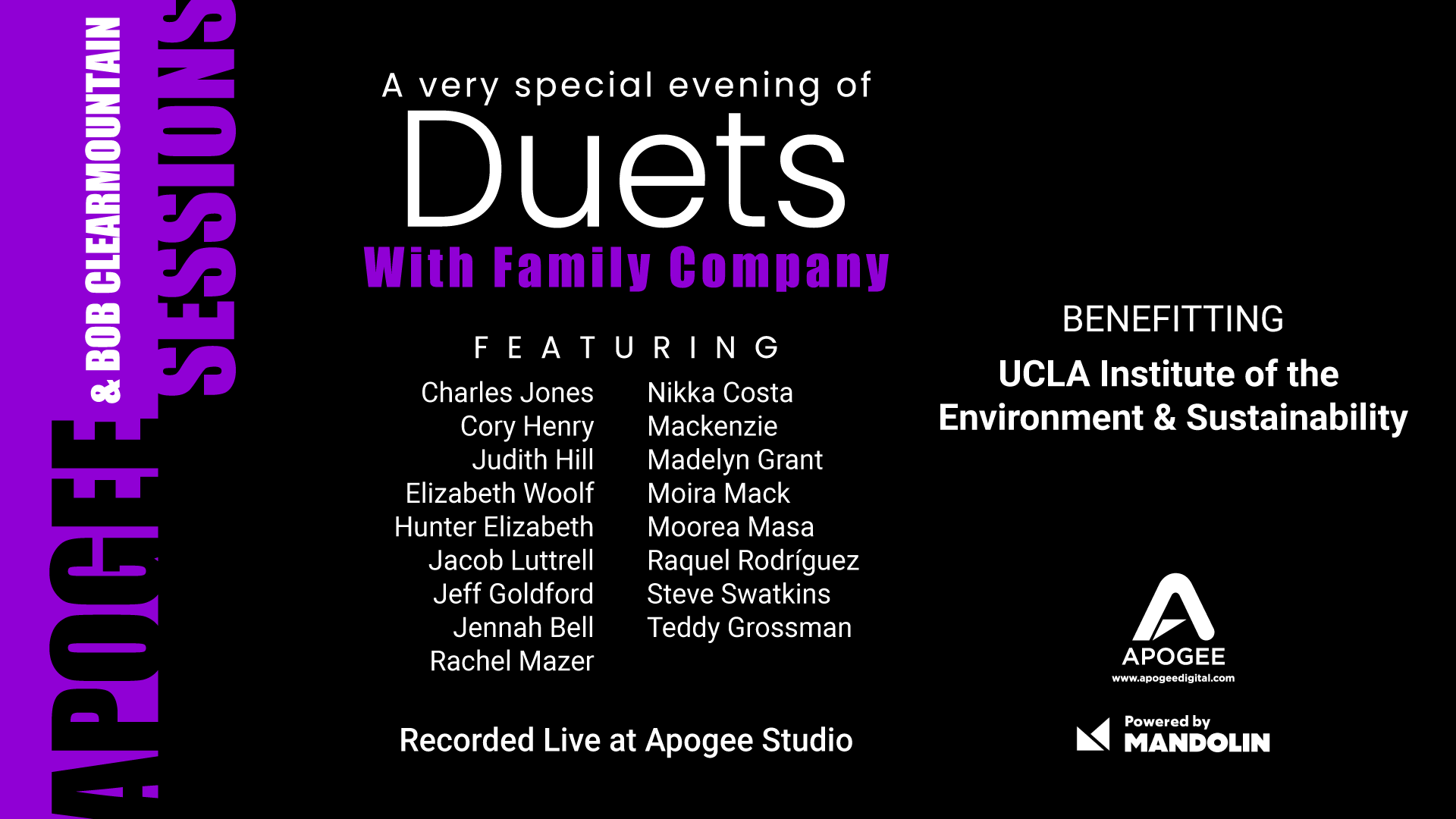 Apogee Sessions & Bob Clearmountain Present an Evening of Duets with Family Company