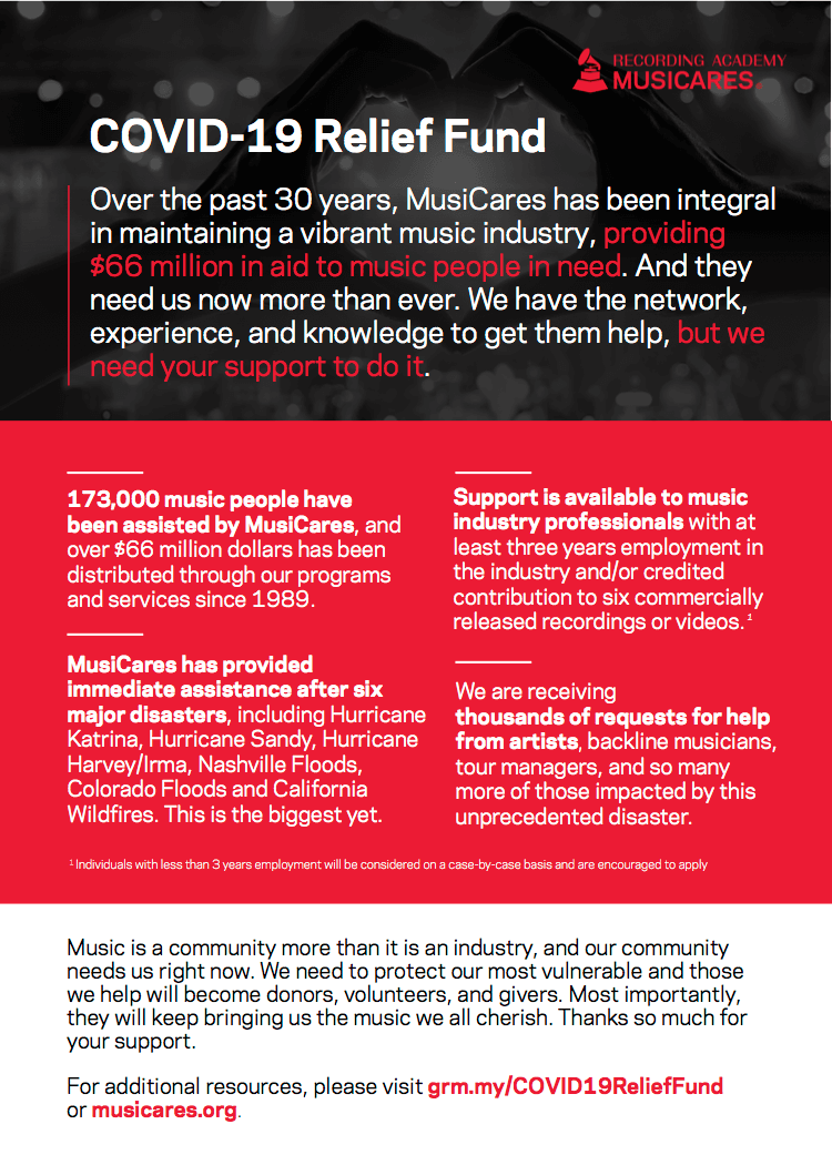 MusiCares establishes COVID-19 Relief Fund for music community